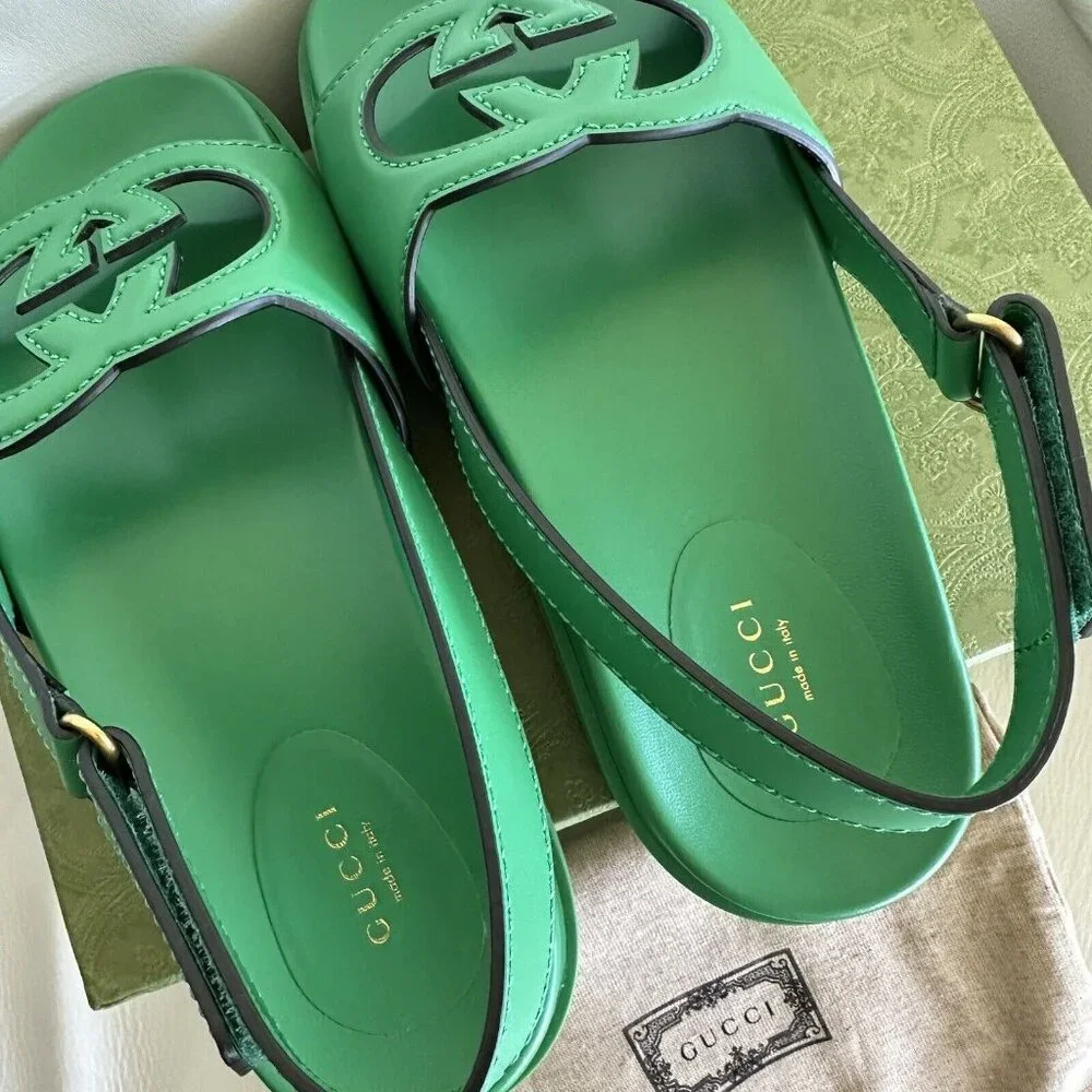 NEW GUCCI WOMENS SANDALS SLINGBACK LOGO GG GREEN SZ 39 - Picture 6 of 7